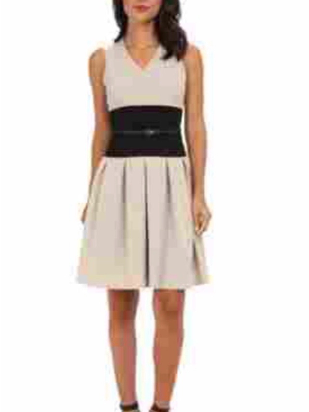 Sleeveless Calvin Klein Tan Black Color Block Fit-Fare Belted Dress
